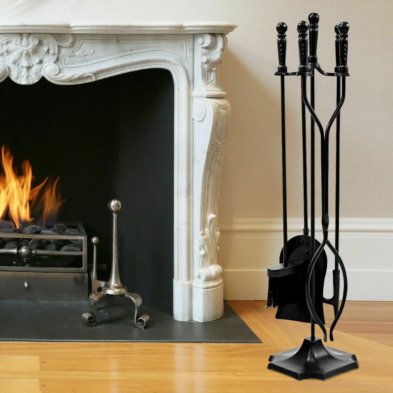 Tangkula Fireplace Tool 5 sets Pendant Tongs Fire Hook Brush Shovel Black w/ 31" Pedestal Base, 2 of 10