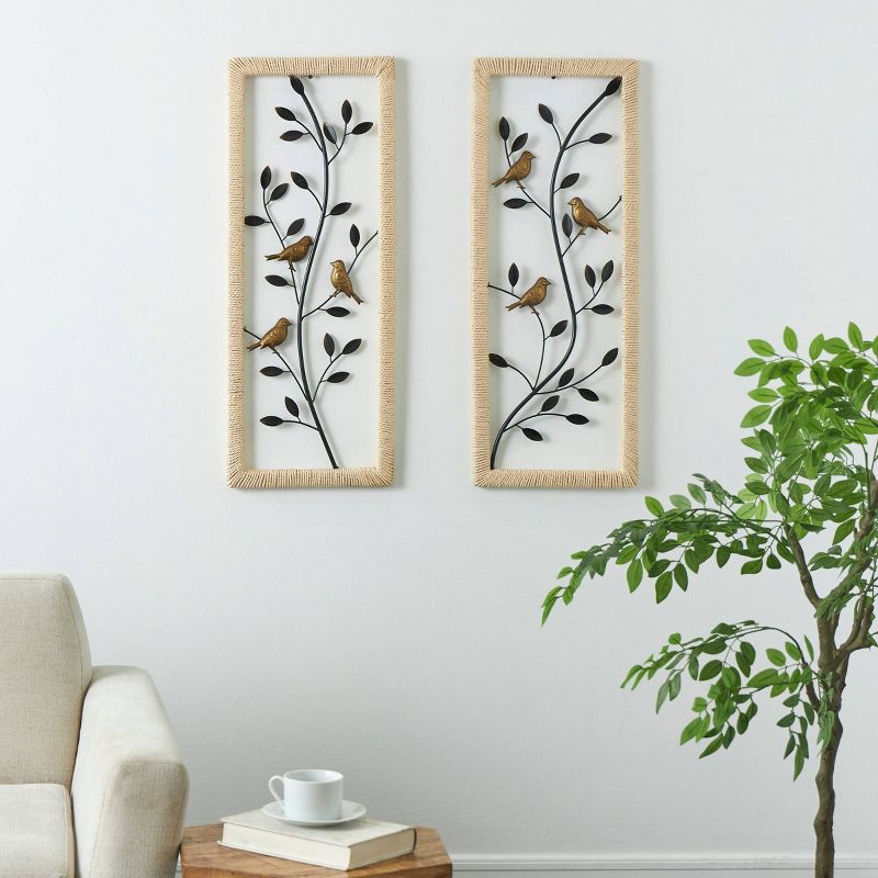 Set of 2 Metal Leaf Wall Decors with Cream Rattan Frame and Bronze Bird Accents Black - Olivia &#38; May, 2 of 8