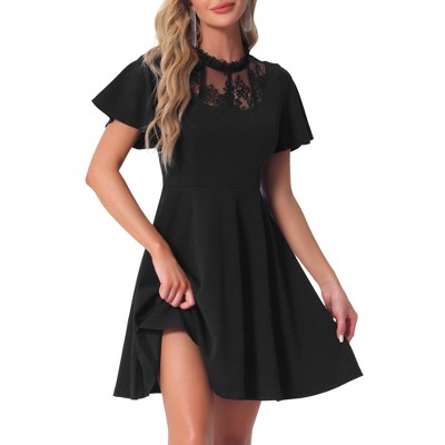 Allegra K Women's Lace Mesh Short Sleeve Ruffle Neck High Low Gothic Dress
