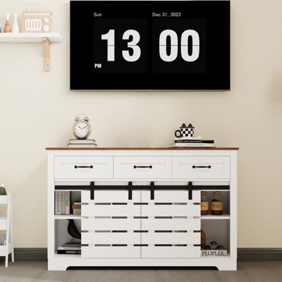 53" Sideboard Buffet Cabinet, Entryway Coffee Bar Cabinet with 3 Drawers & Sliding Barn Doors, Wooden Floor Cupboard Cabinet, Media Console Table