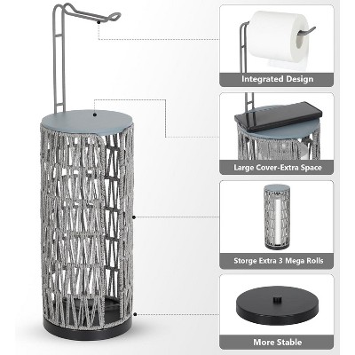 Chery Life Brown Freestanding Toilet Paper Holder with Storage, Handmade Woven Toilet Paper Roll Holder Stand, 3 Rolls of Tissue Holder