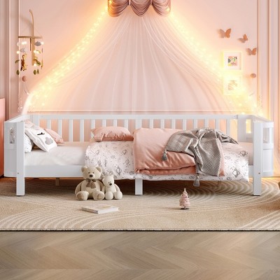 JUJABU Twin XL Size  Wood Platform Bed for Kids, with Safety Guardrails & Detachable Fence