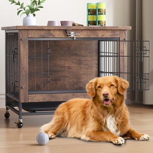 Heavy-Duty Anti-Chew Dog Crate Furniture (Rustic Brown) – Indoor Wooden Kennel for Small Dogs with 2 Doors & Wheels, End Side Table Cage - 1 of 4