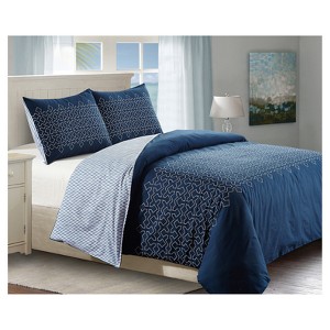Blue & White Geo Embroidered Meadow Duvet Cover Set (Queen) 3pc - Style Quarters