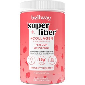 Bellway Super Fiber + Collagen, Psyllium Husk Fiber Supplement Powder with Collagen Peptides & Hyaluronic Acid - Strawberry Lemonade - 11.5oz - 1 of 4