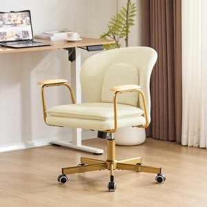 Furniliving Modern Leather Home Office Desk Chairs, Adjustable Swivel Vanity Chair with Golden Legs and Wooden Padded Armrest - 1 of 4
