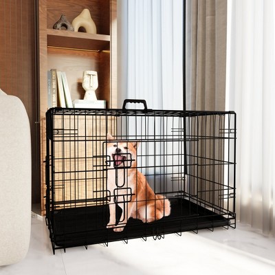 Dog Cage with Divider and Plastic Leak-Proof Pan Tray, Double Door Folding Metal Wire Cage for Indoor, Outdoor, and Travel
