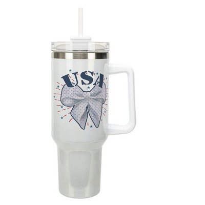 Elanze Designs 40 Ounce Stainless Steel Double Wall Insulated Glitter Travel Tumbler With Handle, Straw, and Lid, USA Bow White