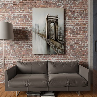 Gray and Silver Hand-Painted Canvas Bridge Landscape Art