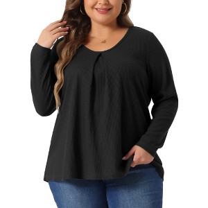 Agnes Orinda Women's Plus Size Waffle Knit Pleat Front Crew Neck Long Sleeve Work Blouses - 1 of 4