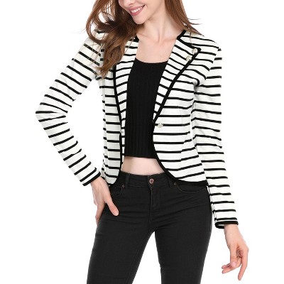 INSPIRE CHIC Women's Regular Fit Notched Lapel Button Decor Striped Blazer Medium Black White — фото 2