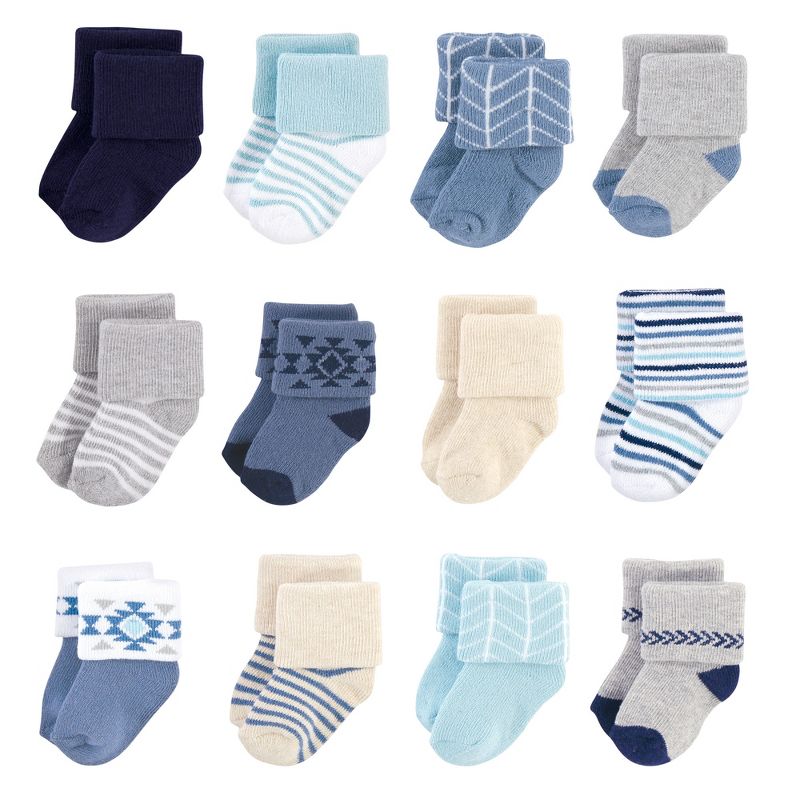 Hudson Baby Infant Boy Cotton Rich Newborn and Terry Socks, Blue Gray Aztec, 1 of 4