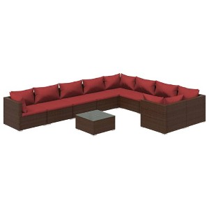 vidaXL 10-Piece Patio Lounge Set with Cushions - Outdoor Furniture Set in Poly Rattan, Weather-Resistant Construction, Modular Design - Brown and Red - 1 of 4
