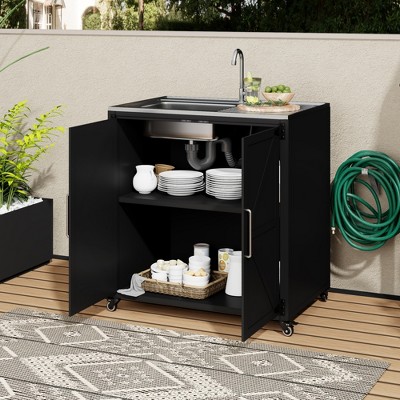Vynxaria Matte Black Outdoor Movable Kitchen Sink Outdoor Grill Cart Outdoor Storage Cabinet