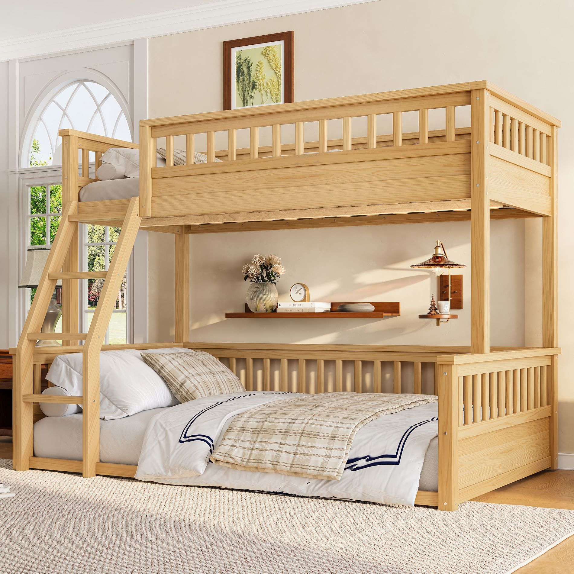 Twin over Full Bunk Bed with Ladder & Guardrails, Detachable Bed Frame, No Box Spring Needed, Natural - ModernLuxe