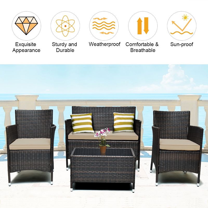 Costway 4PCS Rattan Patio Furniture Set Sofa Chair Coffee Table w/Cushion Outdoor, 5 of 11