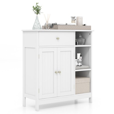 Tangkula Bathroom Storage Cabinet Floor Cabinet w/ 1 Slide-Out Drawer 2 Doors & 3 Open Shelves 1 Adjustable Shelf