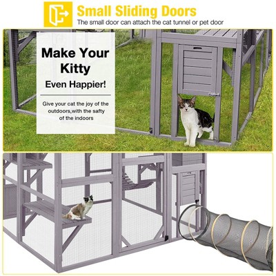 Large Gray Wooden Outdoor Cat House with Wire Mesh