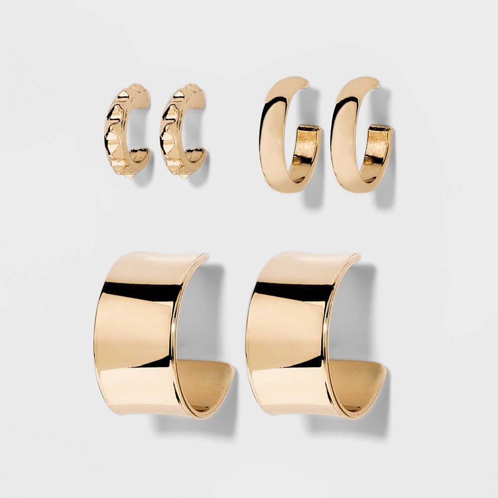 Photos - Earrings Multi-Width Hoop Earring Set 3pc - A New Day™ Gold