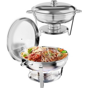 2-Pack 5QT Round Chafing Dish Set. NSF-certified stainless steel warmers include lids, a lid holder, serving spoon, and tongs for catering and events - 1 of 4