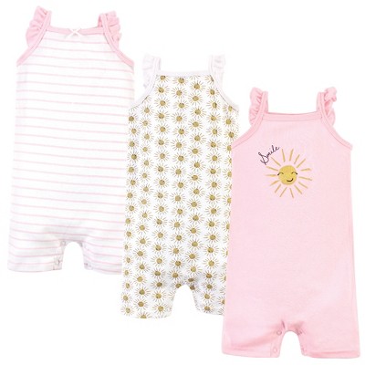 Image of Hudson Baby Infant Girl Cotton Rompers 3pk, Smile Sunshine, 3-6 Months
