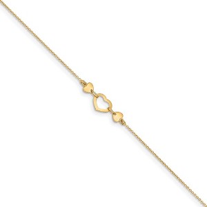 Black Bow Jewelry 14k Yellow Gold Polished Heart And Cable Chain Anklet, 10-10.75 Inch - 1 of 4