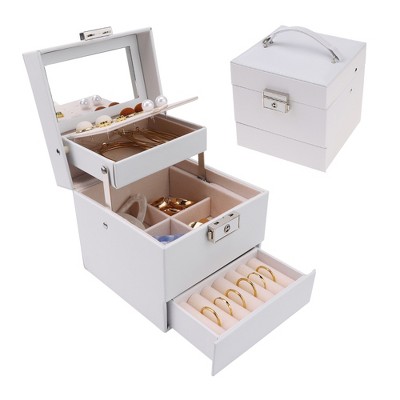 Unique Bargains 3 Layers PU Leather Jewelry Box with Drawer and Mirror
