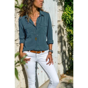 Mocamel Women's Pure Color Lapel Long Sleeve Loose Fit Cotton Shirt for Elegant Office Wear - 1 of 4