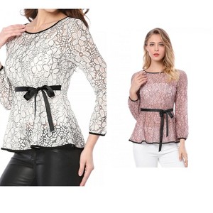 INSPIRE CHIC Women's 2 Packs Semi-Sheer Elegant Tie Waist Long Sleeve Floral Lace Peplum Blouses Green X-Large - 1 of 4