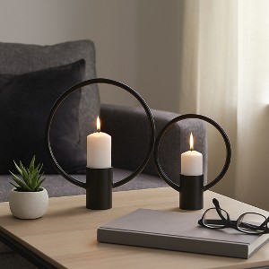 Modern Metal Tealight Candle Holder - Minimalist Pillar Candlestick Holder for Table Centerpieces or Home Decor -Set of 2, 16", 13", Black - 1 of 4