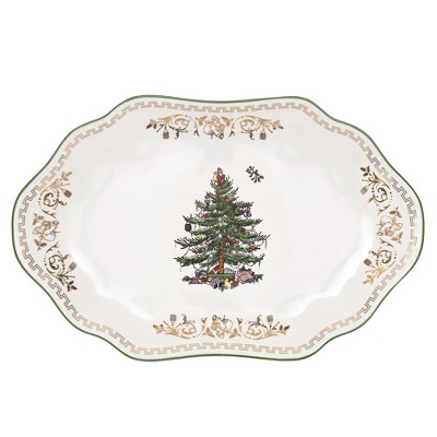 Spode Christmas Tree Gold Medium Oval Platter, 13-In Fine Porcelain - Nostalgic Holiday Serveware, Decorative Christmas Tree Pattern with Gold Rim