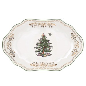 Spode Christmas Tree Gold Medium Oval Platter, 13-In Fine Porcelain - Nostalgic Holiday Serveware, Decorative Christmas Tree Pattern with Gold Rim - 1 of 3