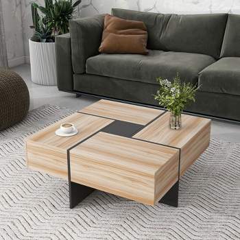 Coffee Table with 4 Hidden Storage Compartments, Square Cocktail Table with Extendable Sliding Tabletop-ModernLuxe