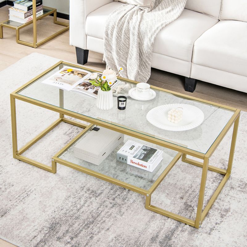Costway Coffee Table Set of 3 Glass Modern Coffee Table & 2 Accent Table for Living Room, 5 of 11