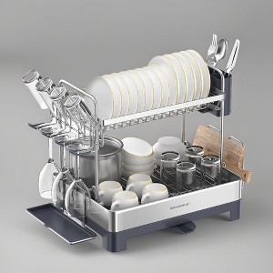 Dish Drying Rack - 2 Tier Dish Rack for Kitchen Counter with Rotatable and Extendable Drain Spout, Silver and Gray - 1 of 3