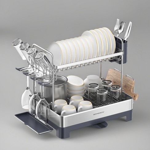 Dish Drying Rack - 2 Tier Dish Rack for Kitchen Counter with Rotatable and Extendable Drain Spout, Silver and Gray - image 1 of 3