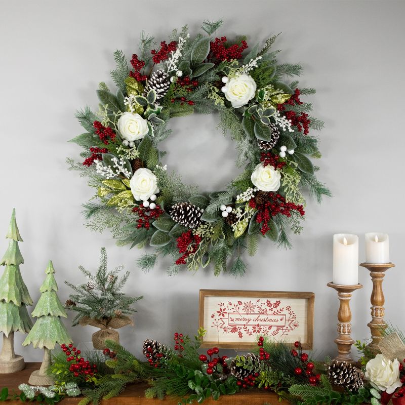 Northlight Real Touch™️ Mixed Foliage and Roses Artificial Christmas Wreath 30" - Unlit, 3 of 10