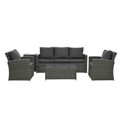 Maggift 5PCS Patio Seating Rattan Furniture Set Sectional Sofa Cushioned Garden, Tempered Glass Table, Black, 67.5"*24.2"*29.7"