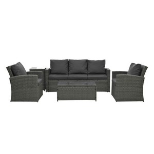 Maggift 5PCS Patio Seating Rattan Furniture Set Sectional Sofa Cushioned Garden, Tempered Glass Table, Black, 67.5"*24.2"*29.7" - 1 of 4