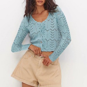 Women Tie Front Cropped Cardigan Crochet Bolero Shrug Sweater Bell Sleeve Knit Crop Top - 1 of 2