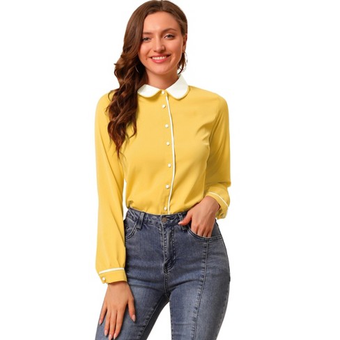 Allegra K Women s Vintage Button Down Contrast Peter Pan Collar Office Work Blouse Yellow Small Target