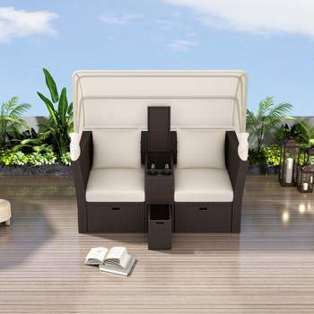 PE Rattan Outdoor Patio Double Daybed, 2-Seater Loveseat Sofa with Foldable Canopy and Cushions - Maison Boucle