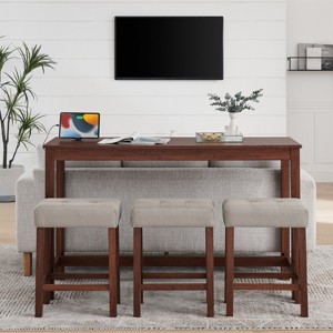 59" Counter Height Bar Table Set with USB & AC Outlets, Upholstered Linen Stools, Space-Saving 4-Piece for Kitchen Dining-3irtyhousy - 1 of 4