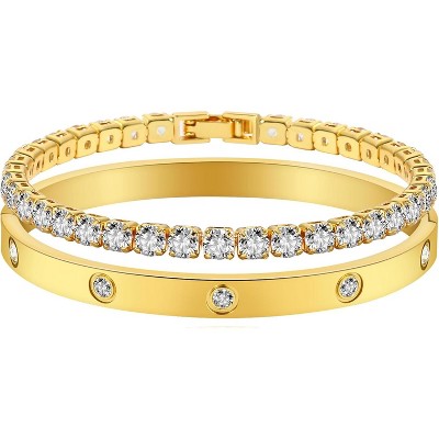 18K Gold Plated Love Friendship Bracelet with Cubic Zirconia, Stainless Steel Cuff Bangle Jewelry Set for Women