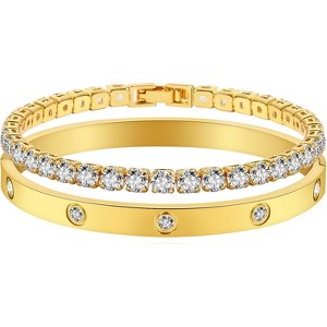 18K Gold Plated Love Friendship Bracelet with Cubic Zirconia, Stainless Steel Cuff Bangle Jewelry Set for Women - 1 of 4