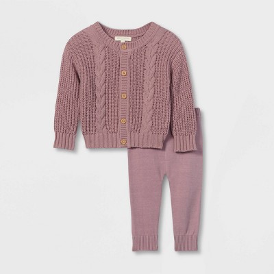 Image of Grayson Collective Baby Girls' Cable Knit Cardigan & Leggings Set - Rose Pink Newborn