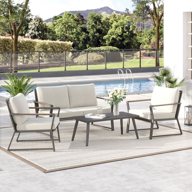 Outsunny 4 Piece Patio Furniture Set, Aluminum Conversation Set, Outdoor Garden Sofa Set with Armchairs, Loveseat, Center Coffee Table and Cushions, 3 of 7