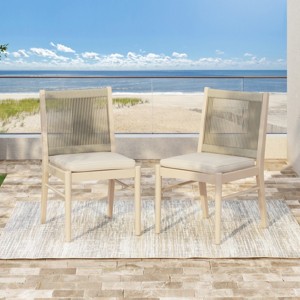 Coolbibila ModernWood Acacia Dining Chair,Beige Fabric Upholstered Dining Room Chair,Woven Rope Back Patio Outdoor Dining Chair - 1 of 4