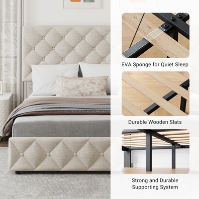 Upholstered Queen Platform Bed Frame with 4 Storage Drawers, PU Leather with Button Tufted, Wooden Slats Support, No Box Spring Needed, Noise-Free