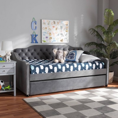 Gray Velvet Upholstered Twin Daybed with Tufted Back and Trundle